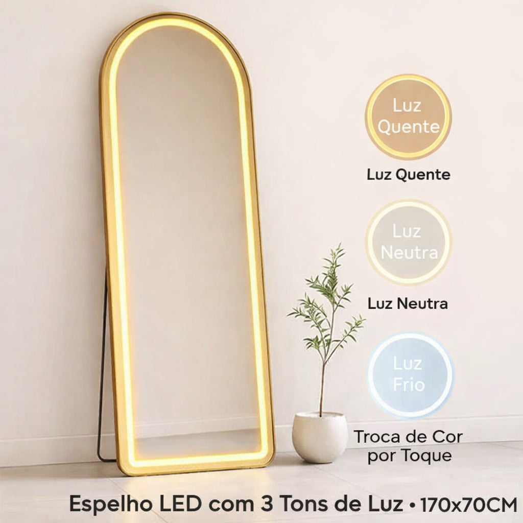 Espelho Base Reta Halo LED 170 – 3 Intensidades - 170X70 com Suporte de Chão Jateado