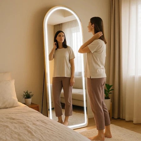 Espelho Base Reta Halo LED 170 – 3 Intensidades - 170X70 com Suporte de Chão Jateado