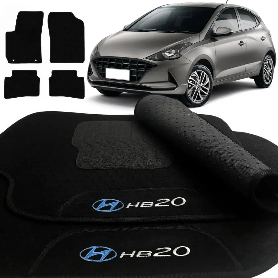 TAPETE CARPETE HB20 2020 A 2025 PRETO BORDADO 4 PEÇAS