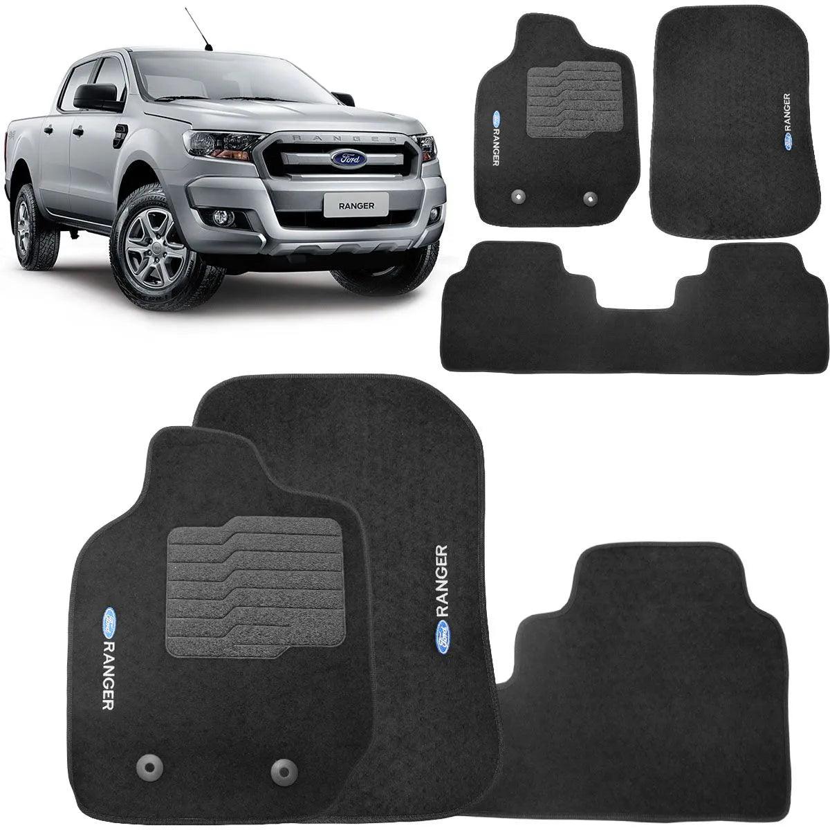 TAPETE CARPETE FORD RANGER 2013 A 2023 CABINE DUPLA PRETO BORDADO 3 PEÇAS